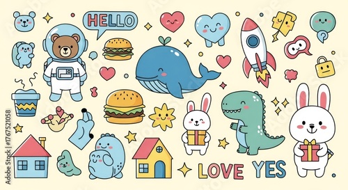 Adorable cartoon sticker sheet featuring animals, food, objects and text on beige