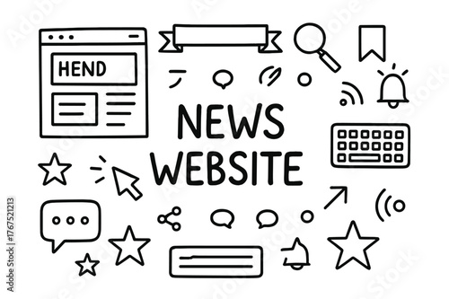 News Website Doodle. News Website. Hand-drawn doodle illustration of News Website. webpage frame, headline