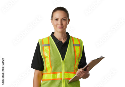 Woman construction worker wearing high visibility vest holding clipboard isolated on transparent background