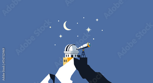 Astronomical Observatory on Mountain Peak Under Starry Night Sky.