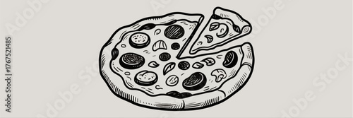 Hand-drawn pizza with slice removed, black line art sketch, isolated on gray background