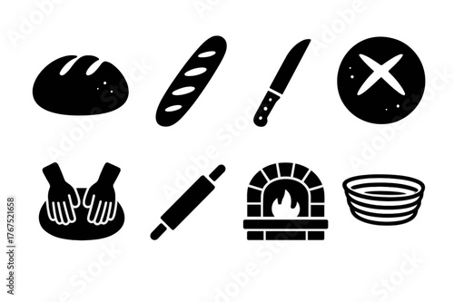 Rustic Bread Icon Set. Artisan bread baking in a rustic kitchen. Filled icon set of artisan bread baking in a