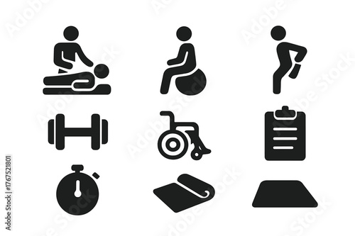 Physical Therapy Icons. Physical therapy. Filled icon set of Physical therapy: therapist, exercise ball,