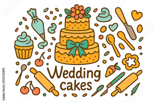 Wedding Cake Doodles. Wedding cakes. Hand-drawn doodle illustration of Wedding cakes. Tiered cake, flower