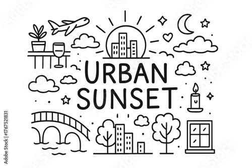 Urban Sunset Doodles. Urban Sunset. Hand-drawn doodle illustration of Urban Sunset. sun, skyscraper, balcony
