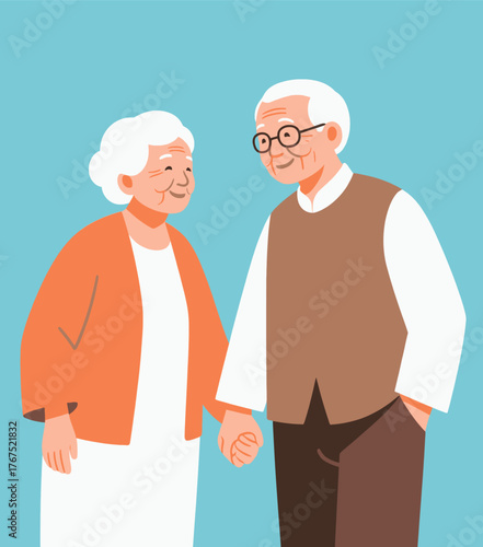 Happy elderly couple holding hands, flat cartoon style, smiling seniors together
