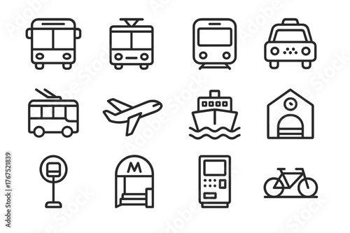 Public Transport Icons. Public transport. Line outline icon set of Public transport: bus, tram, subway train,