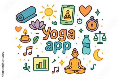 Yoga App Doodle. Yoga app. Hand-drawn doodle illustration of yoga app. Yoga mat, lotus flower, phone, heart,