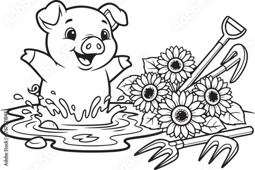 Cute cartoon piglet splashing in water with sunflowers and garden tools