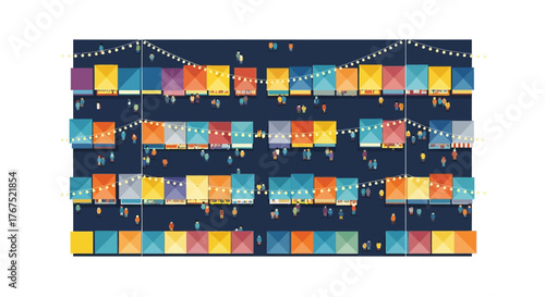 Colorful lanterns illuminate a festive night market scene with vibrant hues and joyful atmosphere.