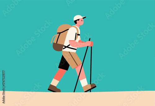 Hiker with backpack and trekking poles walking on path, minimalist flat design