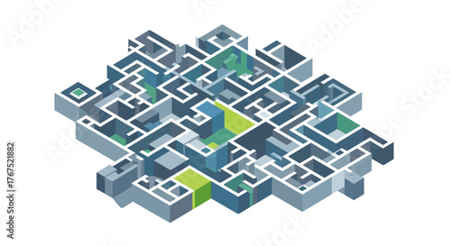 Complex three dimensional isometric maze with colorful pathways.