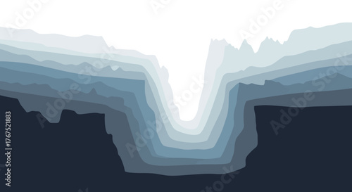 Deep canyon landscape with layered rock formations and bright sky above.