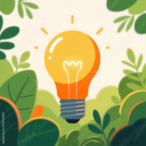 Idea lightbulb glowing warmly among green leaves, flat design illustration