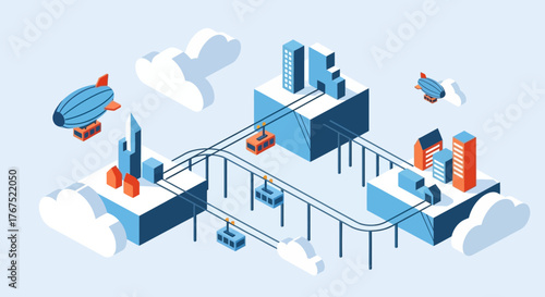 Futuristic city transport system with airships and rockets in the clouds.