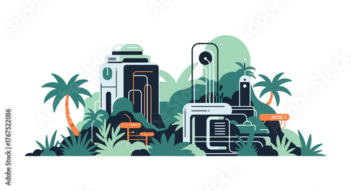 Futuristic technological structures nestled within a lush tropical jungle.