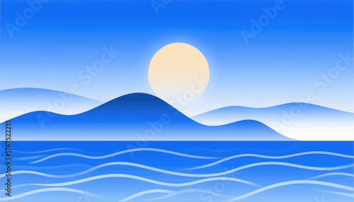Minimal blue ocean sunset with rolling waves and distant hills, flat style