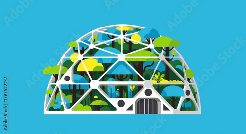 Geodesic Dome Greenhouse with Lush Greenery and Trees Inside.