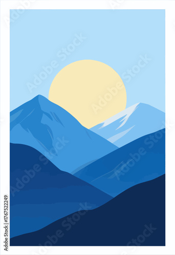 Minimal mountain landscape with sun, blue gradient hills, simple graphic design