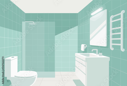 Minimalist bathroom interior with teal tiles, white fixtures, and modern design
