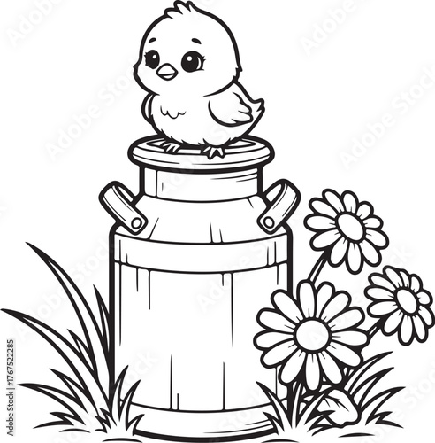 Cute chick sitting on a milk can with flowers