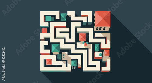 Intricate maze with buildings and pathways, a challenging puzzle.