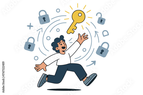 Mystic Golden Key. Mystic key. A golden key radiating light, surrounded by floating lock symbols and magical