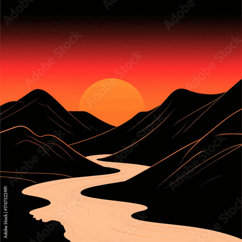 Minimalist mountain sunset with winding river, bold silhouette design