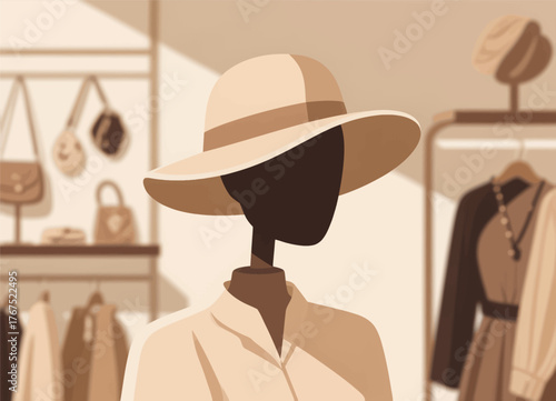 Minimalist mannequin in wide brim hat at boutique store, flat vector style
