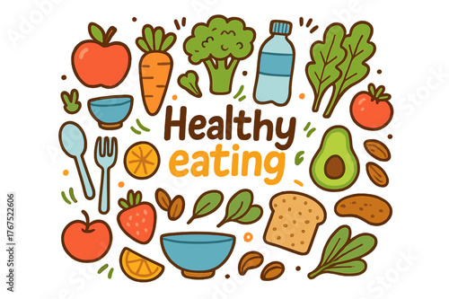 Colorful Healthy Eating Doodles. Healthy eating. Hand-drawn doodle illustration of Healthy eating. Apple,