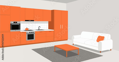 Modern orange kitchen and living room interior design, minimalist flat vector illustration