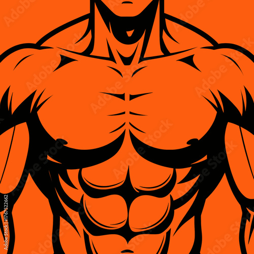 Muscular male torso in bold vector style with orange background isolated
