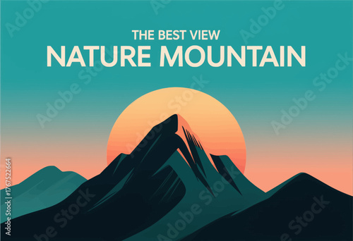 Mountain sunset landscape in flat colorful style with bold peaks and gradient sky