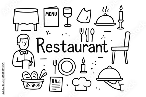 Doodle Restaurant Essentials. Restaurant. Hand-drawn doodle illustration of restaurant. Table, menu, wine