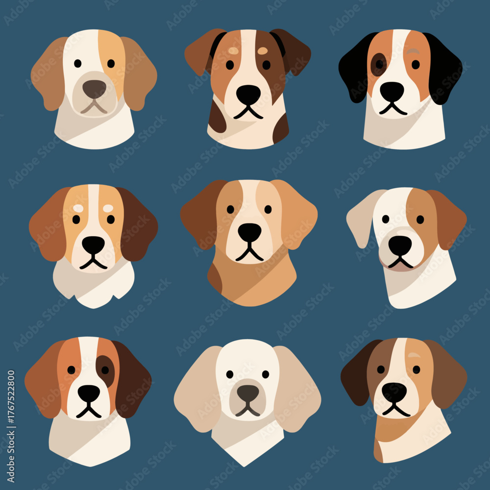 Obraz premium Nine stylized dog head illustrations, minimalist flat design, isolated on blue background