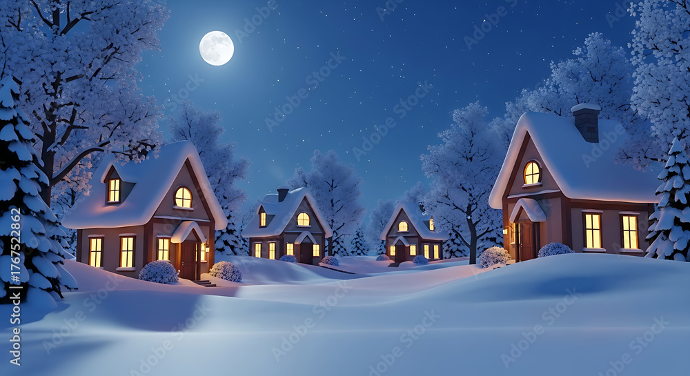 Fototapeta premium Snowy winter scene featuring illuminated houses under a full moon, surrounded by snow-covered trees in a peaceful, nighttime landscape.