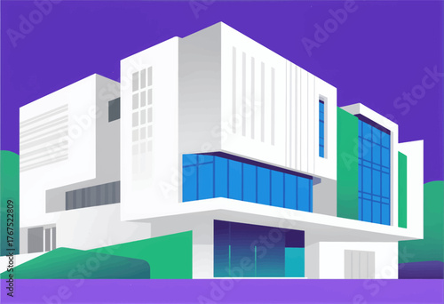 Modern white building with blue glass windows, minimalist architectural design, vibrant purple background