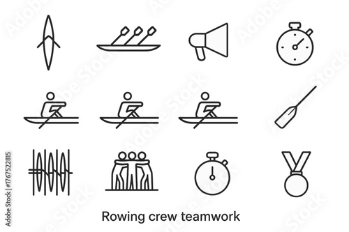 Rowing Crew Icons. Rowing crew teamwork. Line outline icon set of Rowing crew teamwork: rowing shell, oars in