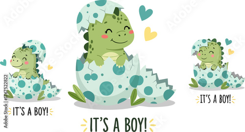 Adorable baby dinosaur hatching from an egg announcing it's a boy in cute cartoon style