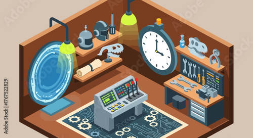 Isometric laboratory with advanced control panel and portal device.