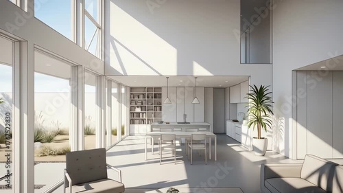 Modern architectural interior rendered in grayscale, featuring a living space with ample natural light