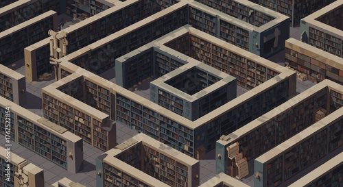 Intricate Library Maze with Bookshelves and Hidden Paths.