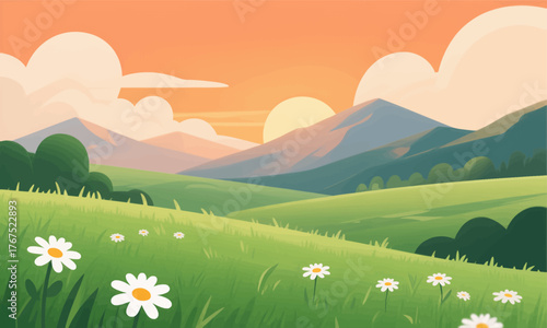 Pastoral meadow with daisies at sunset, flat illustrated landscape scene