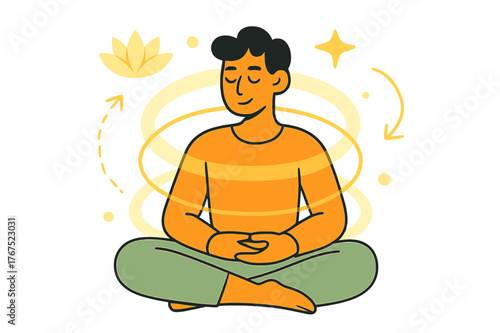 Serene Aura Meditation. Meditation. A character sitting cross-legged with glowing aura rings around them.