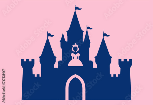 Pink princess castle silhouette with crown motif, minimalist design, isolated on pastel background