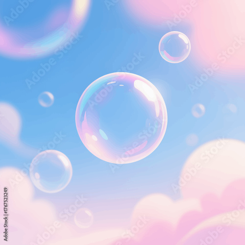 Pastel soap bubbles floating dreamily against soft sky background