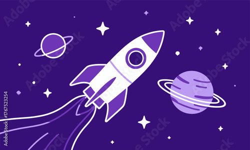 Purple rocket ship soaring through space with planets and stars, minimalist design