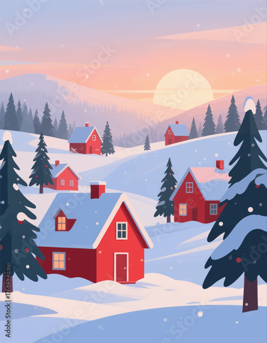 Red cabin village in snowy mountains at sunset, flat colorful winter scene