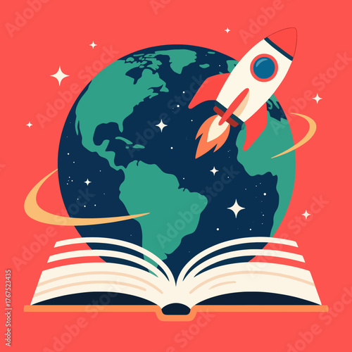 Rocket launching from open book with earth and stars, colorful flat illustration