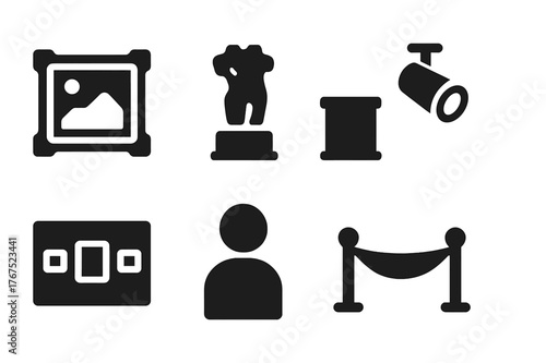 Art Gallery Icons. Art gallery. Filled icon set of Art gallery: frame, sculpture, pedestal, spotlight, wall,